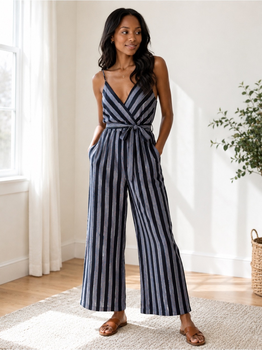 Striped Navy & Black Wrap Jumpsuit. Tie Waist. With wide legs.